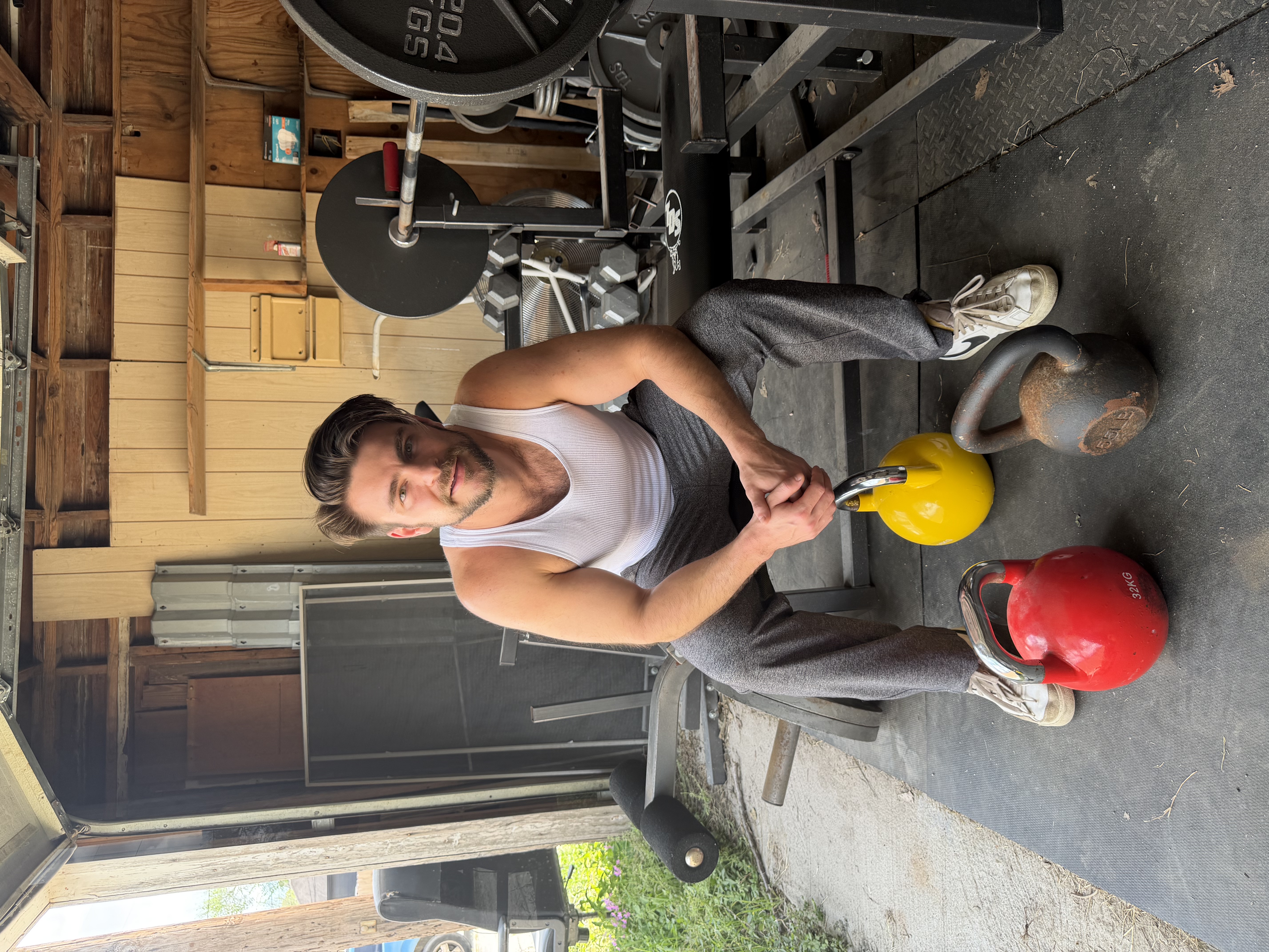 Riley in the garage gym